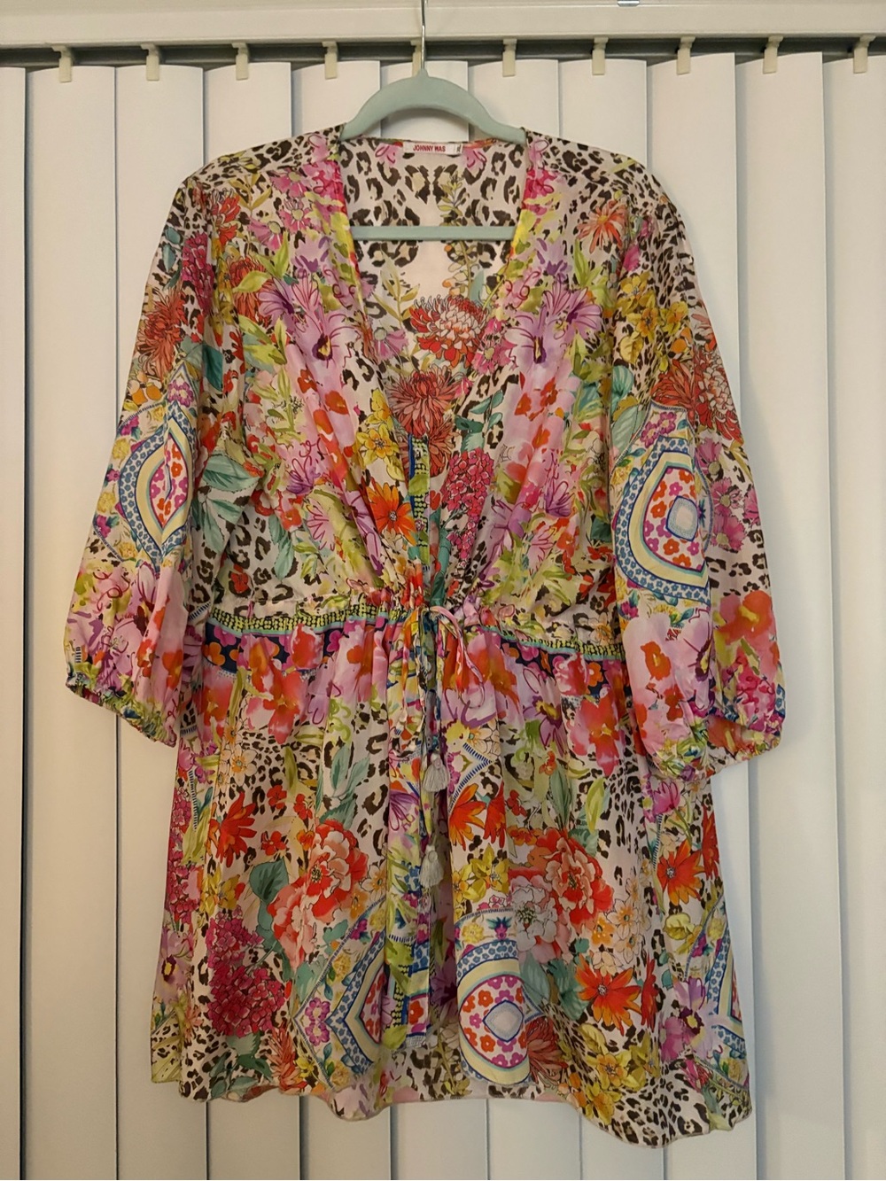 Johnny Was leopard Multi Floral Tie-Front tunic